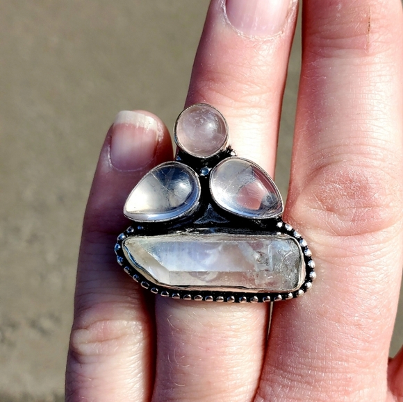 New Rose Quartz & Aura Quartz Crystal 925 Silver Ring. - Picture 4 of 13